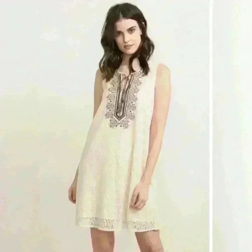 MYSTREE Embroidered  Dress Boho Hippie Size S Sleeveless Bohemian Round Neck